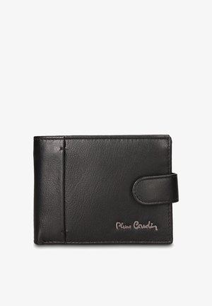 Portafoglio in pelle nera con una texture liscia, chiusura a bottone e logo in rilievo sulla parte anteriore. Caratterizzato da molteplici scomparti per carte e un design elegante.