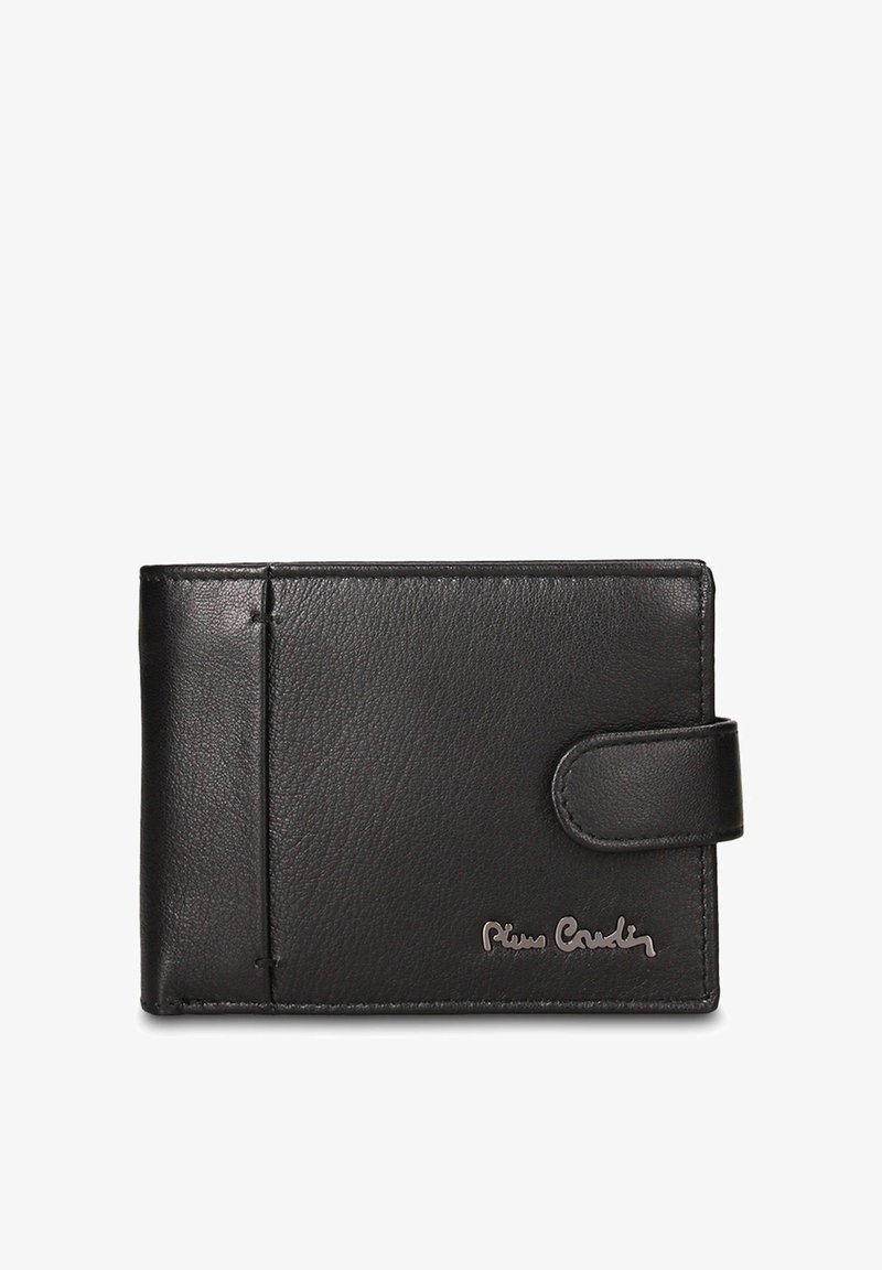 Portafoglio in pelle nera con una texture liscia, chiusura a bottone e logo in rilievo sulla parte anteriore. Caratterizzato da molteplici scomparti per carte e un design elegante.