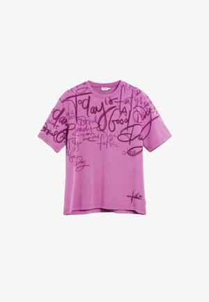 Purple cotton t-shirt featuring various handwritten phrases in darker purple. Short sleeves and a relaxed fit with a rounded neckline.