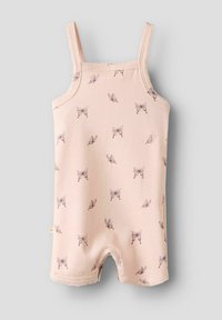Rompers rose clair avec bretelles fines, ornés d'un imprimé de papillons de tailles variées. Tissu doux avec un bord festonné et des jambes courtes.