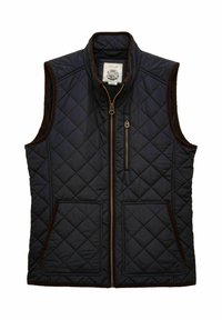 Námornícky modrá prešívaná bezrukávová bunda so svetlohnedými detailami, predným zipsom, dvoma dolnými vreckami a jedným zipsovým vreckom na hrudi.