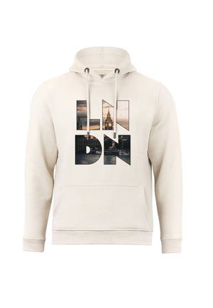 Beige Kapuzenpullover mit Zugbändern, der ein "LNDN"-Grafikdesign zeigt, das aus urbanen Bildern besteht, einschließlich Big Ben und einer Flusslandschaft, in gedämpften Farben.