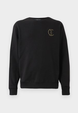 Black sweatshirt made of cotton blend, featuring a round neckline, ribbed cuffs, and a gold embroidered logo on the chest.