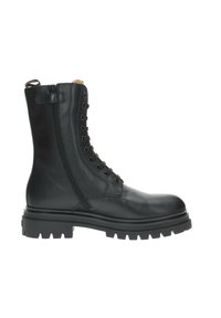 Stivale in pelle nera con punta rotonda, chiusura con lacci anteriore, zip laterale e suola in gomma spessa. Presenta dettagli di cucitura e un asola sul retro.