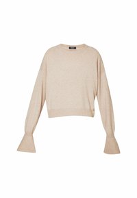 Pull en maille beige à manches longues avec poignets côtelés évasés, col rond et ourlet légèrement raccourci.