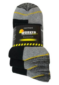 Drei Paar kurze Arbeitssocken in Grau und Schwarz. Mit gelben Streifen und einem strukturierten Strickmuster. Verpackt mit einem schwarzen Etikett.