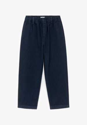 Navy blue elastic waist trousers with straight legs, belt loops, and side pockets, designed for casual wear.