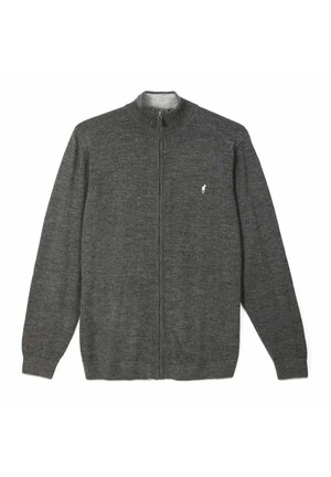 Pull en maille gris foncé avec fermeture éclair intégrale, manches longues, poignets côtelés et petit logo animalier blanc sur le côté gauche de la poitrine.