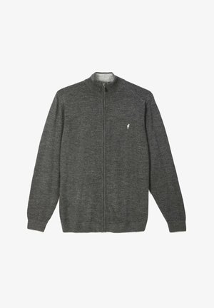 Pull en maille gris foncé avec fermeture éclair intégrale, manches longues, poignets côtelés et petit logo animalier blanc sur le côté gauche de la poitrine.