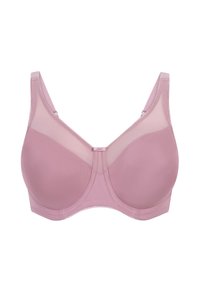 Rosa BH med glatt stoff, gjennomsiktige mesh-detaljer, undertrådsstøtte og brede justerbare stropper. Designet i midten foran er subtilt formet.
