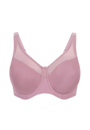 Rosa BH med glatt stoff, gjennomsiktige mesh-detaljer, undertrådsstøtte og brede justerbare stropper. Designet i midten foran er subtilt formet.