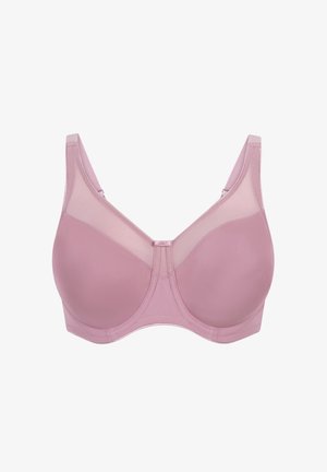 Rožinis liemenėlis, pagamintas iš lygaus audinio, su permatomomis tinklelio detalėmis, laidiniu palaikymu ir plačiomis reguliuojamomis petnešomis. Priekinis centrinis dizainas yra subtiliai išlenktas.