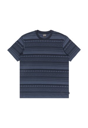 Short-sleeve t-shirt in navy blue with horizontal stripes and various textured patterns; features a round neckline and a small logo tag.
