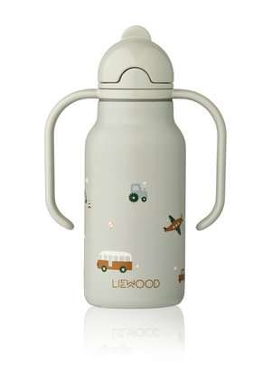 Lichtgrijs drinkflesje voor kinderen met twee gebogen handvatten en illustraties van voertuigen, waaronder een bus, tractor en vliegtuig.