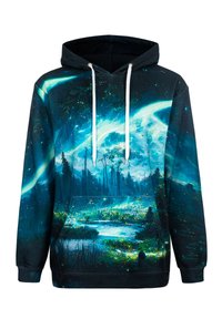 Felpa con cappuccio caratterizzata da una stampa di paesaggio cosmico nei toni del blu, verde e nero; include una tasca frontale e lacci bianchi.