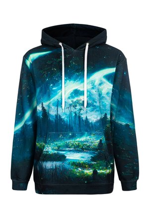 Hooded sweatshirt featuring a cosmic landscape print with blues, greens, and black; includes a front pocket and white drawstrings.