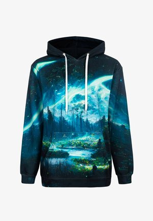 Kapushoniga särk, millel on kosmilise maastiku trükk sinise, rohelise ja musta värviga; sisaldab eesmist taskut ja valgeid paelu.