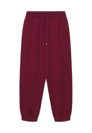 Pantalon de survêtement bordeaux à taille élastique avec cordon de serrage et poignets élastiques, présenté à plat sur fond blanc.