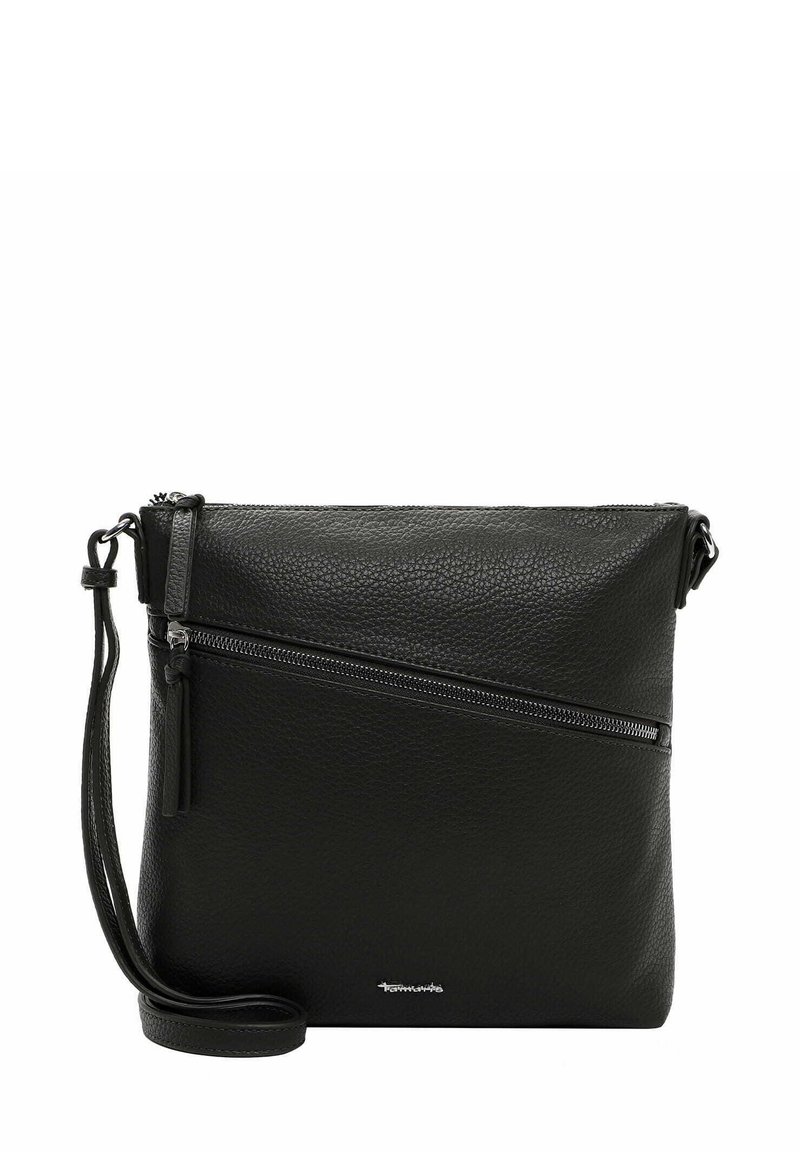 Borsa a tracolla in pelle nera con finitura strutturata, dotata di tasca con zip diagonale e tracolla regolabile. Design compatto per un uso quotidiano.
