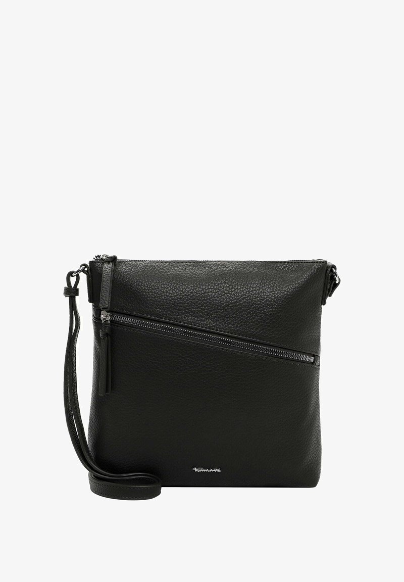 Černá kožená kabelka přes rameno s texturovaným povrchem, vybavená diagonální zipovou kapsou a nastavitelným popruhem. Kompaktní design pro každodenní použití.