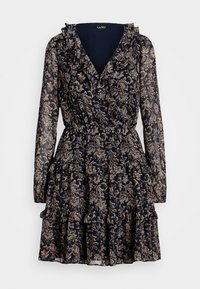 Navy floral dress with long sleeves, ruffled neckline, and tiered skirt. Features a paisley pattern in gold and burgundy shades. Soft fabric.