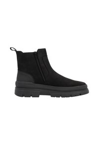 Bottines en daim noir avec une fermeture éclair sur le côté, dotées d'une semelle épaisse et texturée et d'une languette à l'arrière pour un enfilage facile.