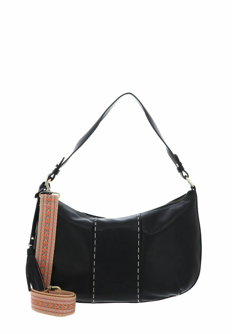 Sac à bandoulière en cuir noir avec un design incurvé, coutures contrastées et une bandoulière tissée amovible aux tons orange et beige.