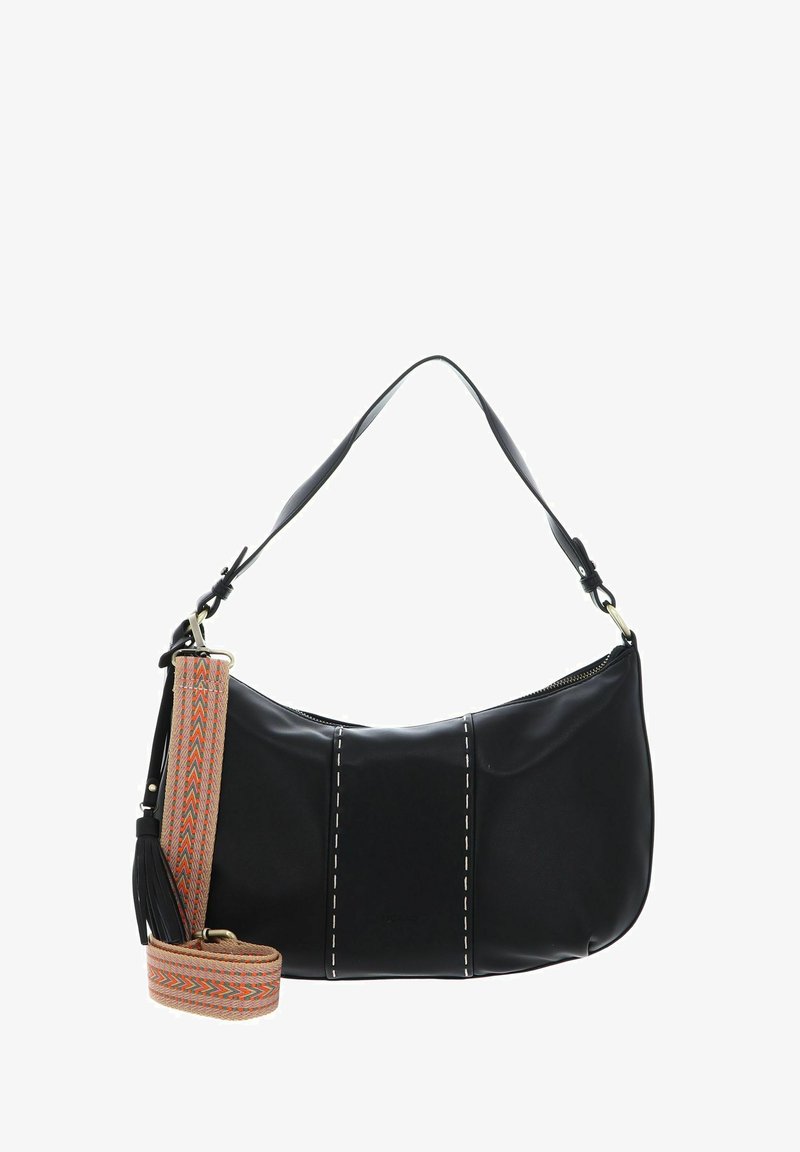 Sac à bandoulière en cuir noir avec un design incurvé, coutures contrastées et une bandoulière tissée amovible aux tons orange et beige.