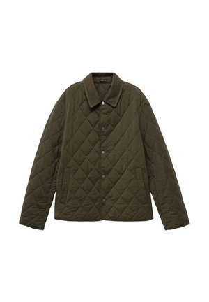 Quilted olive green jacket with a collar, featuring a button closure and side pockets. The fabric has a smooth, textured appearance.