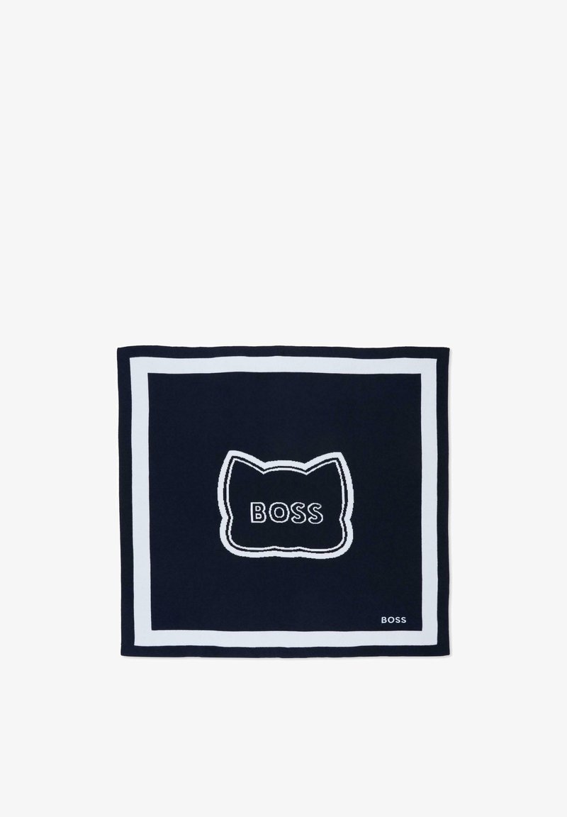 Carré en bleu marine avec une bordure bleu clair et un contour en forme de chat au centre, comportant le mot "BOSS" en lettres majuscules.