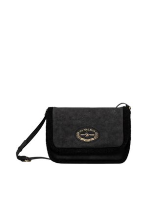 Borsa a tracolla nera U.S. Polo Assn. con tracolla regolabile e patta frontale con emblema del logo dorato e cuciture decorative.
