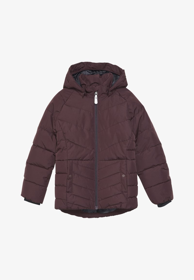 Burgundy puffer jacket with a hood, zip front, two front pockets, and a quilted pattern on the fabric. Black accents on cuffs.