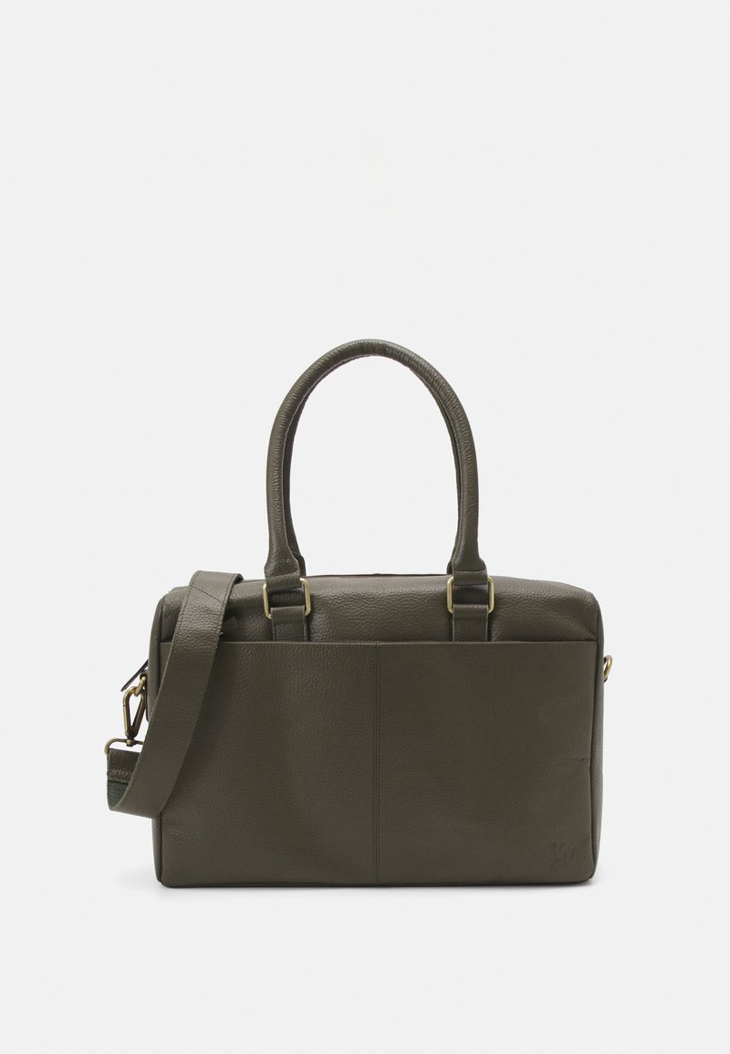 Saco de mão em pele verde-azeitona com forma estruturada, double handles, alça de ombro ajustável e detalhes em metal dourado.