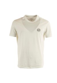 T-shirt in cotone bianco con scollatura rotonda e maniche corte. Presenta un logo nero "AX" sulla parte sinistra del petto. Tessuto liscio, senza fantasie.