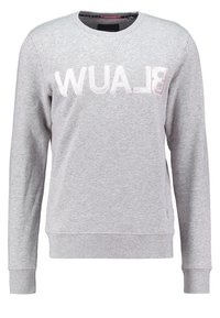 Light gray long-sleeve sweatshirt with ribbed cuffs and hem, featuring reversed white text "BLAW" across the chest.
