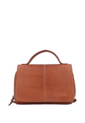 Brown leather handbag with top handle and front flap closure, shown against a white background.