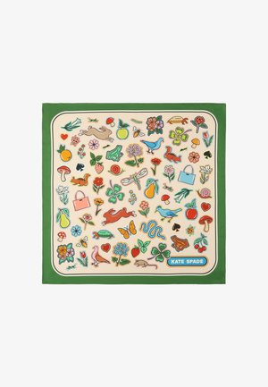 Scarf with green border featuring colorful illustrations of animals, flowers, fruits, insects, and handbags on a cream background, Kate Spade logo.