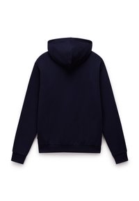 Marineblauwe hoodie met een trekkoordcapuchon, lange mouwen en een relaxed fit. Zachte textuur, ribgebreide manchetten en zoom voor een goede pasvorm.