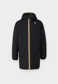 Manteau long noir avec capuche, doté d'une fermeture éclair multicolore et de deux poches latérales. Texture lisse avec des poignets élastiques.