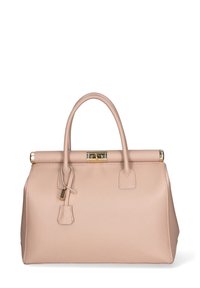 Borsa a tracolla in pelle beige con una forma strutturata, dettagli in metallo dorato, manici superiori e un particolare lucchetto decorativo. Texture liscia.