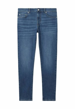 Jean en denim bleu avec une coupe droite, présentant des poches avant et arrière, un bouton en métal et un léger effet délavé sur la texture du tissu.