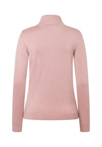 Helles rosa Pullover mit einem Stehkragen, langen Ärmeln, gerippten Bündchen und Saum. Weicher Textur, simples Design, keine Muster oder hardware-Details.