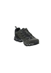 Black hiking shoe with suede and mesh materials, rugged sole, reinforced toe, and crisscross laces. Features a pull loop on the heel.