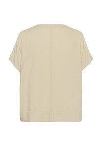 Blusa beige a maniche corte con vestibilità rilassata, scollo rotondo e cuciture minime, realizzata in un tessuto leggero. Vista posteriore mostrata.