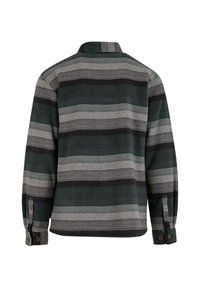 Vista dal retro di una camicia a maniche lunghe con polsini bottonati, caratterizzata da un motivo a righe orizzontali nero, grigio e verde scuro.