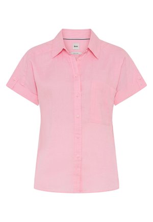 Camicia rosa a maniche corte con bottoni, colletto e taschino frontale sul petto, realizzata in tessuto di lino leggero.