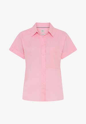 Camicia rosa a maniche corte con bottoni, colletto e taschino frontale sul petto, realizzata in tessuto di lino leggero.