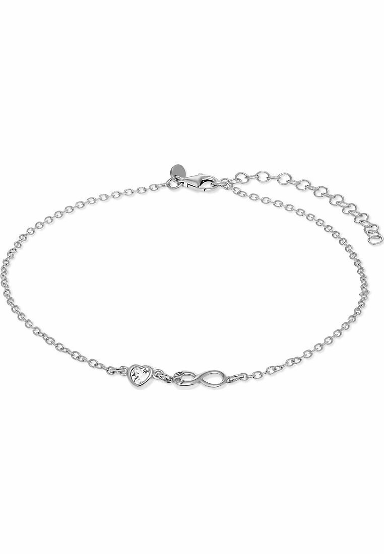 Sølvarmbånd med en letvægts kæde, prydet med charms i hjertets form og uendelighedssymbol, poleret finish og en lobster clasp lukning.