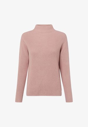 Hellrosa gestrickter Pullover mit hohem Kragen, langen Ärmeln, Rippenstruktur und leicht lockerem Sitz. Einfaches Design ohne Muster oder Akzente.