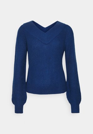 Mørkeblå strikket sweater med V-hals, lange ballonærmer og ribstrikkede manchetter og kant.